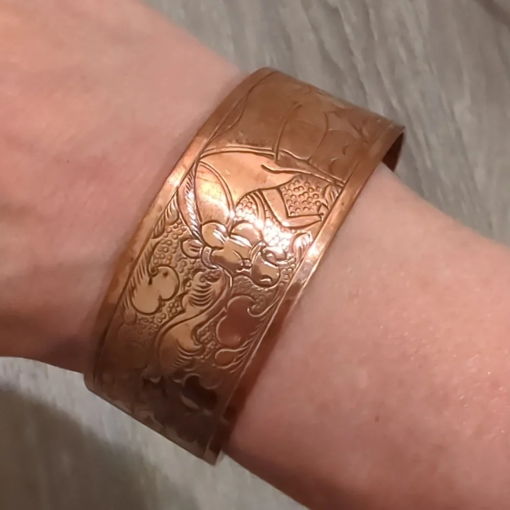 Vintage Copper Ethnic Story Etched Cuff